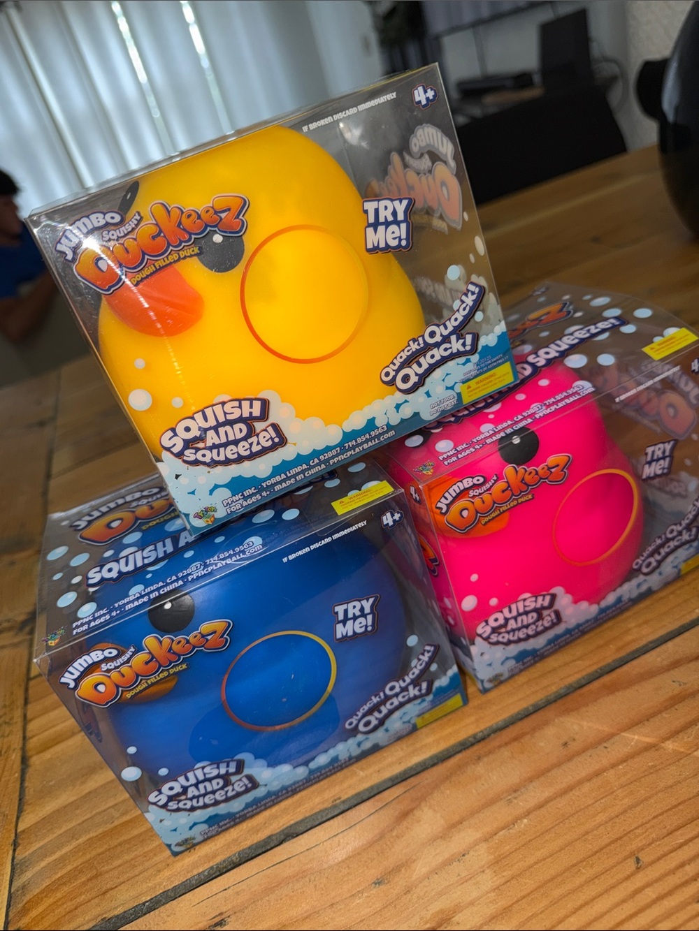 THREE 3 Jumbo Duckeez Squish Toy - Yellow, Blue, Pink
